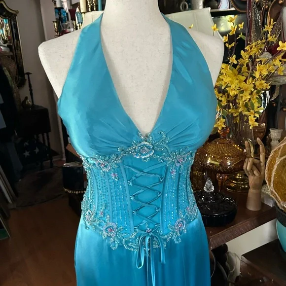 Turquoise Blue Silk Corset Halter Evening Prom Gown - Picture 11 of 16